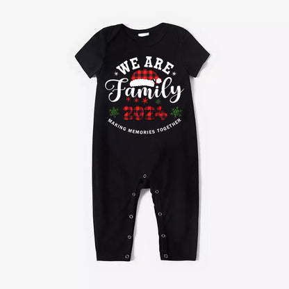 "We are Family" Santa Hat Monogram Print Letter Black Short Sleeve with Red & Black Plaid Pant Family Matching Pajamas