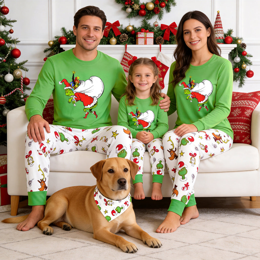 Grinch Carrying Santa Sack Family Christmas Pajamas Set with Gift Graphic Top and Print Pants