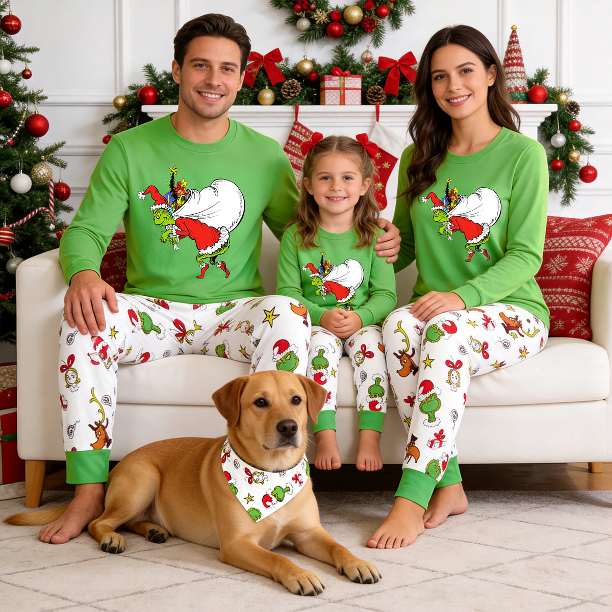 Grinch Carrying Santa Sack Family Christmas Pajamas Set with Gift Graphic Top and Print Pants
