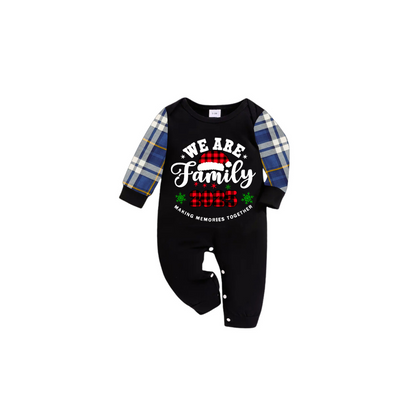 2025 We Are Family Christmas Family Pajamas Set - Black Top / Blue Plaid Pants / Blue Plaid Sleeves