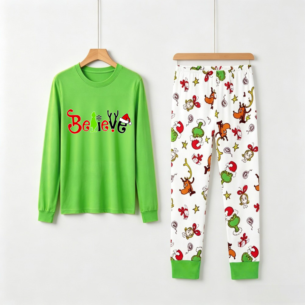 Christmas Family Matching Pajamas Set - Grinch "Believe" Graphic Top & Festive Pants
