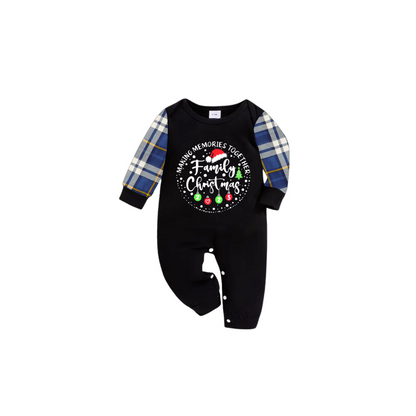 Making Memories Together Family Christmas 2025 Family Pajamas Set - Black Top, Blue Pants, Blue Plaid Sleeves
