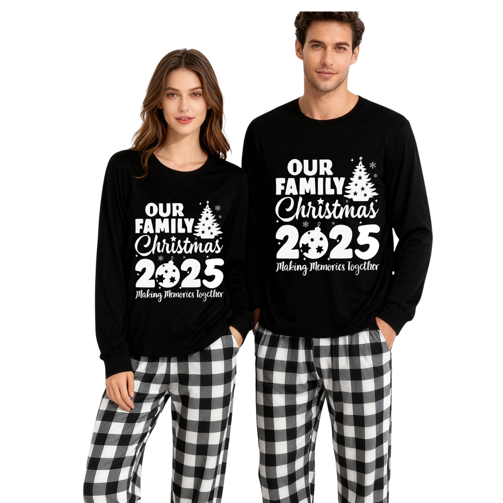 'Our Family Chirstmas 2025 Making Memories Together' Letter Print Black Long Sleeve Top with Black And White Plaid Pants Family Matching Pajamas