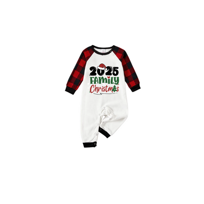 2025 Family Christmas Pajamas Set - White Top Black Sleeves Red Plaid Pants Green and Red Text Graphic
