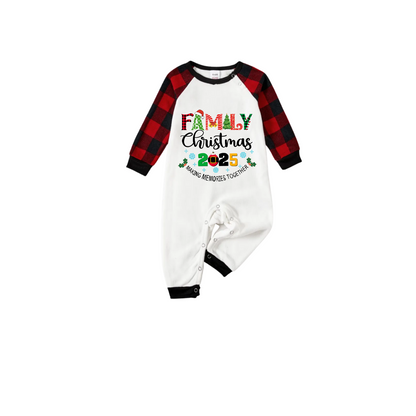 Family Christmas 2025 Making Memories Together Pajamas Set - White Top Black Sleeves Red Plaid Pants Multi-Color Text Graphic