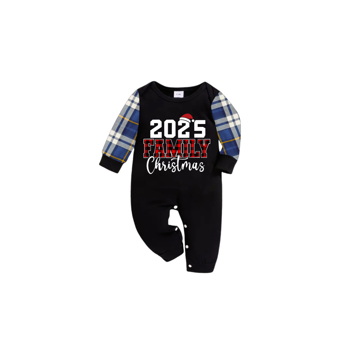 2025 Family Christmas Family Pajamas Set - Black Top, Blue Pants, Blue Buffalo Plaid Sleeves, Letter Print