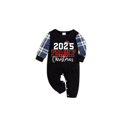2025 Family Christmas Family Pajamas Set - Black Top, Blue Pants, Blue Buffalo Plaid Sleeves, Letter Print