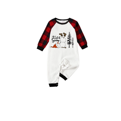 Let It Snow Family Pajamas Set - White Top Black Sleeves Red Plaid Pants Christmas Snowman Graphic
