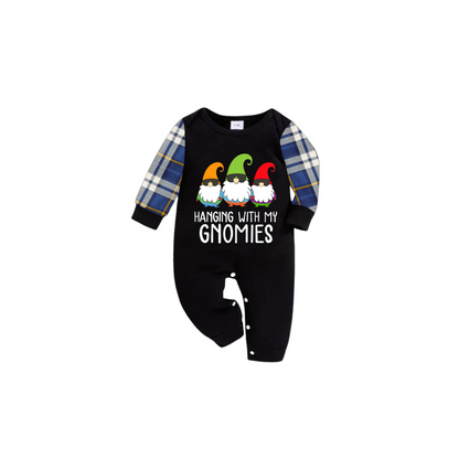 Hanging With My Gnomies Christmas 2025 Family Pajamas Set - Black Top, Blue Pants, Blue Plaid Sleeves
