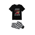 Couple Black and White Plaid Christmas Short Sleeve Pajamas Set With "Jesus is the Reason for the Season" Text Print