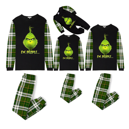 Grinch Ew, People?... Matching Family Christmas Pajamas- Black Tops & Green Plaid Pants