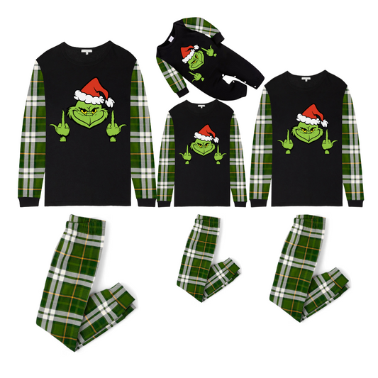 Grinch Santa Middle Finger Family Christmas Pajamas Black Top with Green Plaid Pants