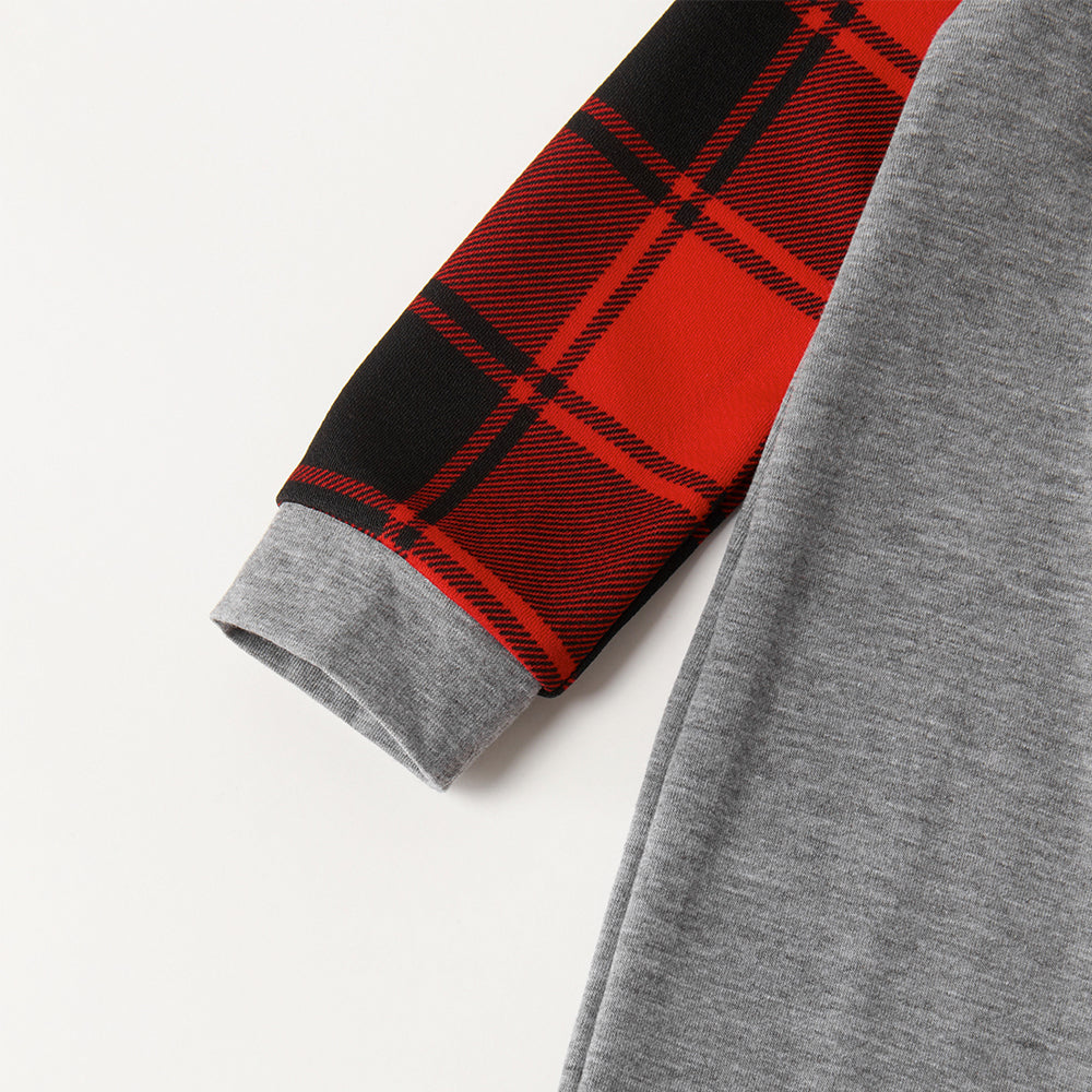 MERRY CHRISTMAS Antler Print Grey Top with Black and Red Plaid Pants Family Matching Pajamas Set