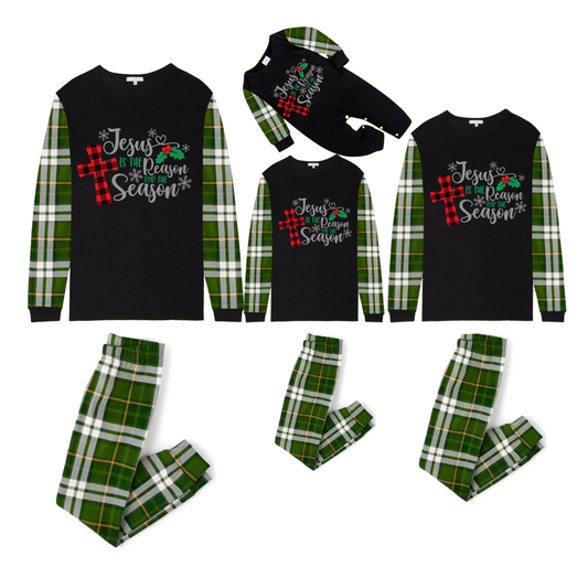Jesus Is the Reason Family Christmas Pajamas Set  Matching Black & Green Plaid