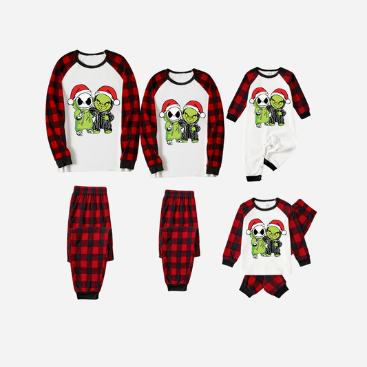 Red and Black Plaid Christmas Pajamas Set With Grinch and Cartoon Pattern Print