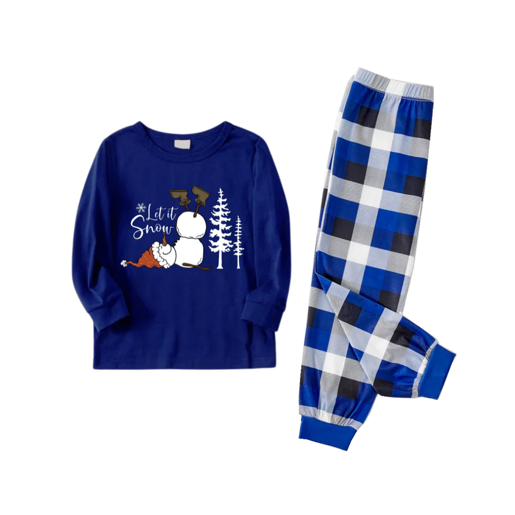 Couple Matching Blue and White Plaid Pajamas With "Let it Snow" Text and Snowman Printed