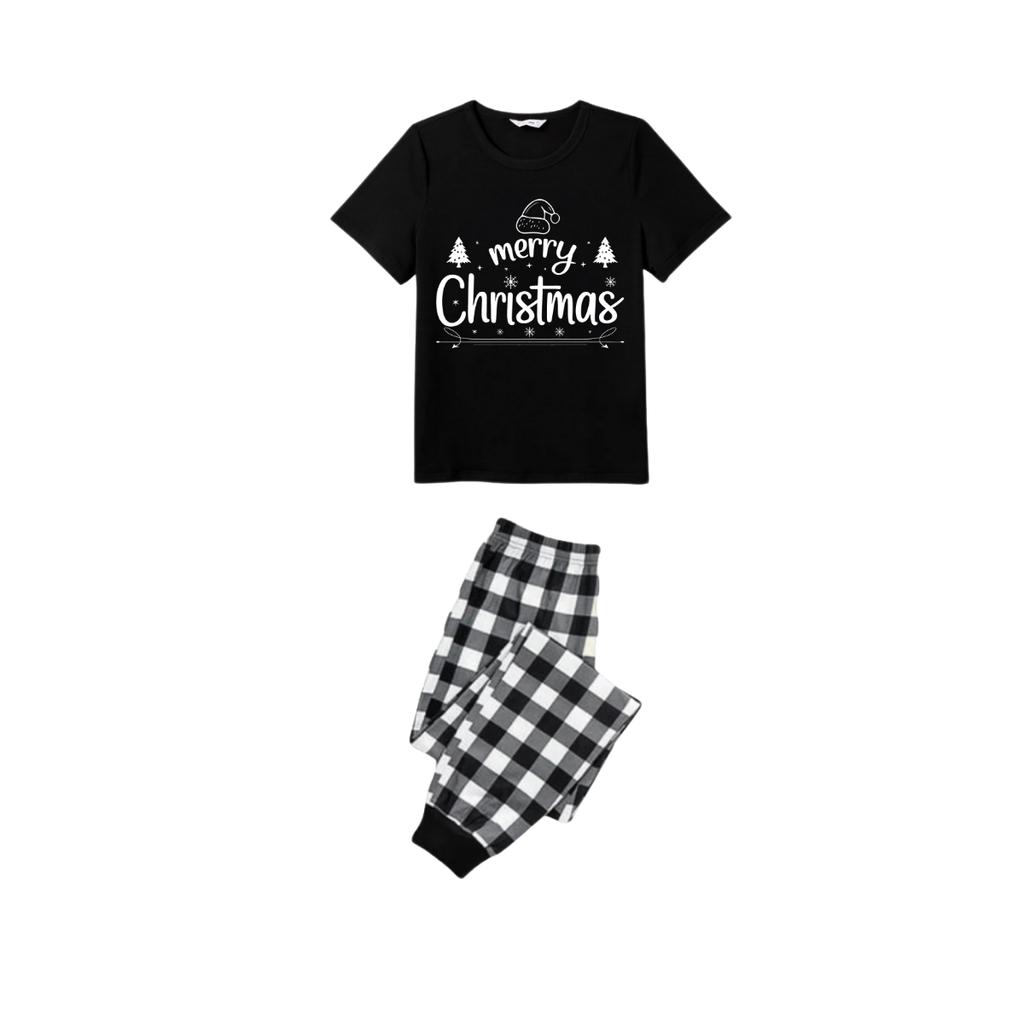 We Wish You a Merry Christmas Tree Family Pajamas Set - Black Top Black and White Plaid Pants Holiday Graphic