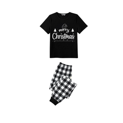 We Wish You a Merry Christmas Tree Family Pajamas Set - Black Top Black and White Plaid Pants Holiday Graphic