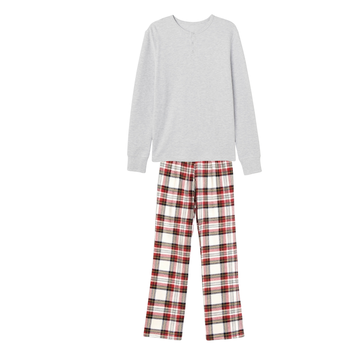 Couple Pajama Set – Gray Button-Neck Tee & Red Plaid Pants