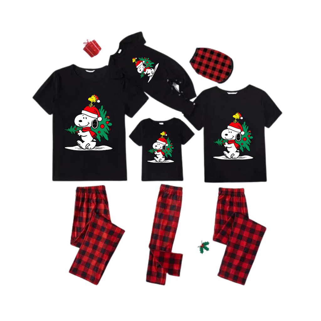 Snoopy Christmas Tree Family Pajamas Set - Black Top Red Pants Red Plaid Pattern Snoopy Christmas Tree Print