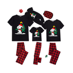 Snoopy Christmas Tree Family Pajamas Set - Black Top Red Pants Red Plaid Pattern Snoopy Christmas Tree Print