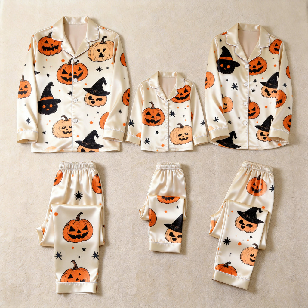 Cream Pumpkin & Witch Hat Print Satin Button-Up Family Halloween Pajamas Set