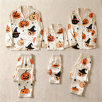 Cream Pumpkin & Witch Hat Print Satin Button-Up Family Halloween Pajamas Set