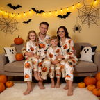 Cream Pumpkin & Witch Hat Print Satin Button-Up Family Halloween Pajamas Set