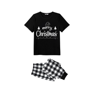 We Wish You a Merry Christmas Tree Family Pajamas Set - Black Top Black and White Plaid Pants Holiday Graphic