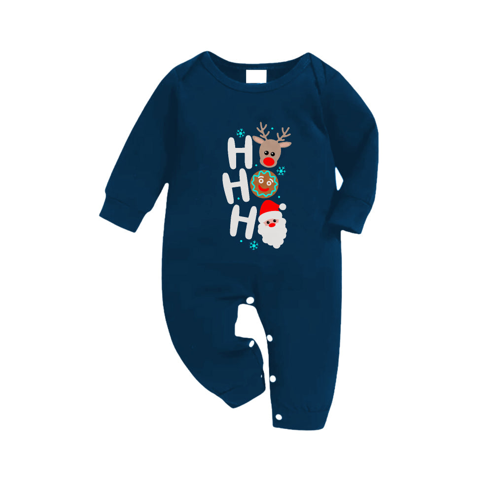 Christmas Family Matching Pajamas-Navy & Sky Blue Plaid Pjs Set with Holiday HO HO HO Print