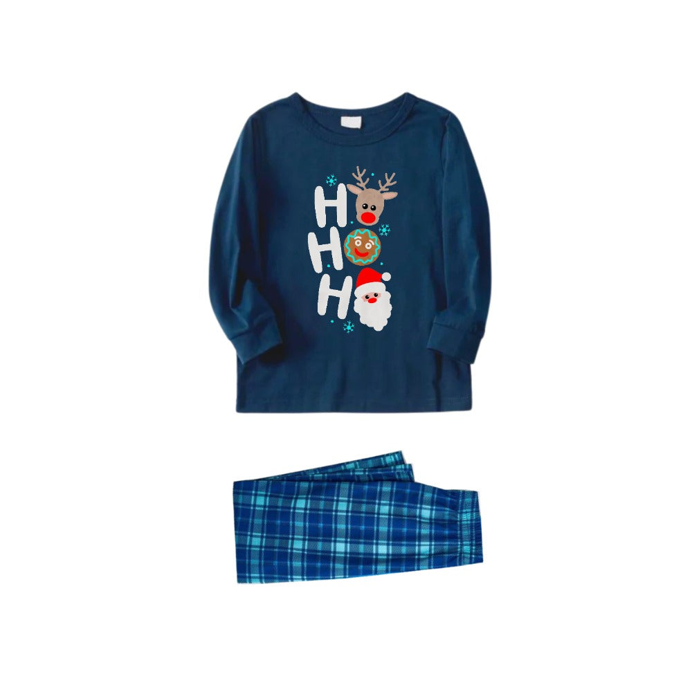 Christmas Family Matching Pajamas-Navy & Sky Blue Plaid Pjs Set with Holiday HO HO HO Print