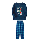 Christmas Family Matching Pajamas-Navy & Sky Blue Plaid Pjs Set with Holiday HO HO HO Print