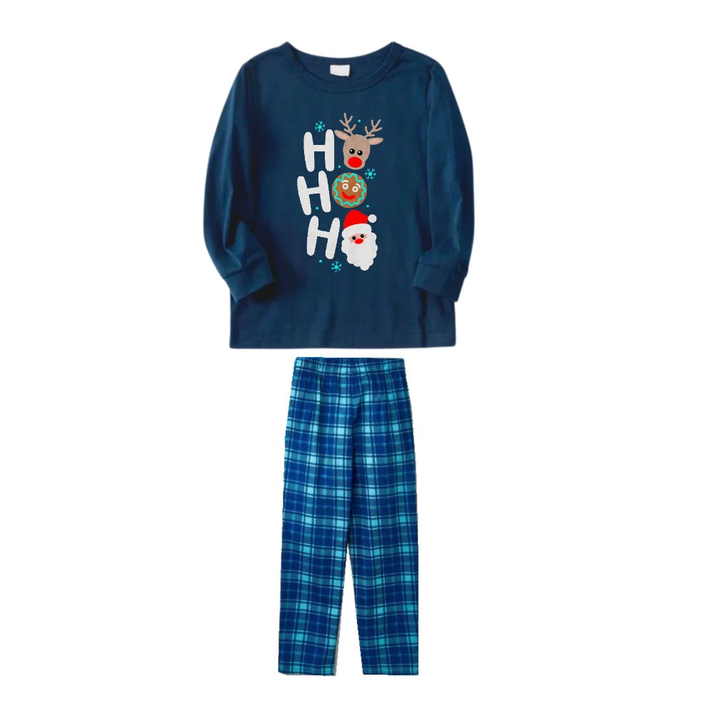 Christmas Family Matching Pajamas-Navy & Sky Blue Plaid Pjs Set with Holiday HO HO HO Print