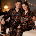Pumpkin Print Black Satin Matching Pajamas for Couples ¨C Long Sleeve Button-Down Top & Pants Sleepwear Set