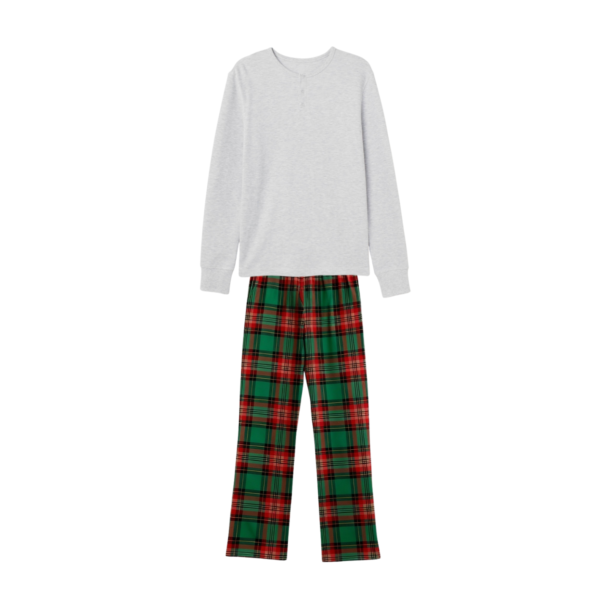 Family Matching Pajama Set – Gray Button-Neck Tee & Green Plaid Pants