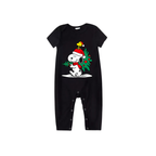 Snoopy Christmas Tree Family Pajamas Set - Black Top Red Pants Red Plaid Pattern Snoopy Christmas Tree Print