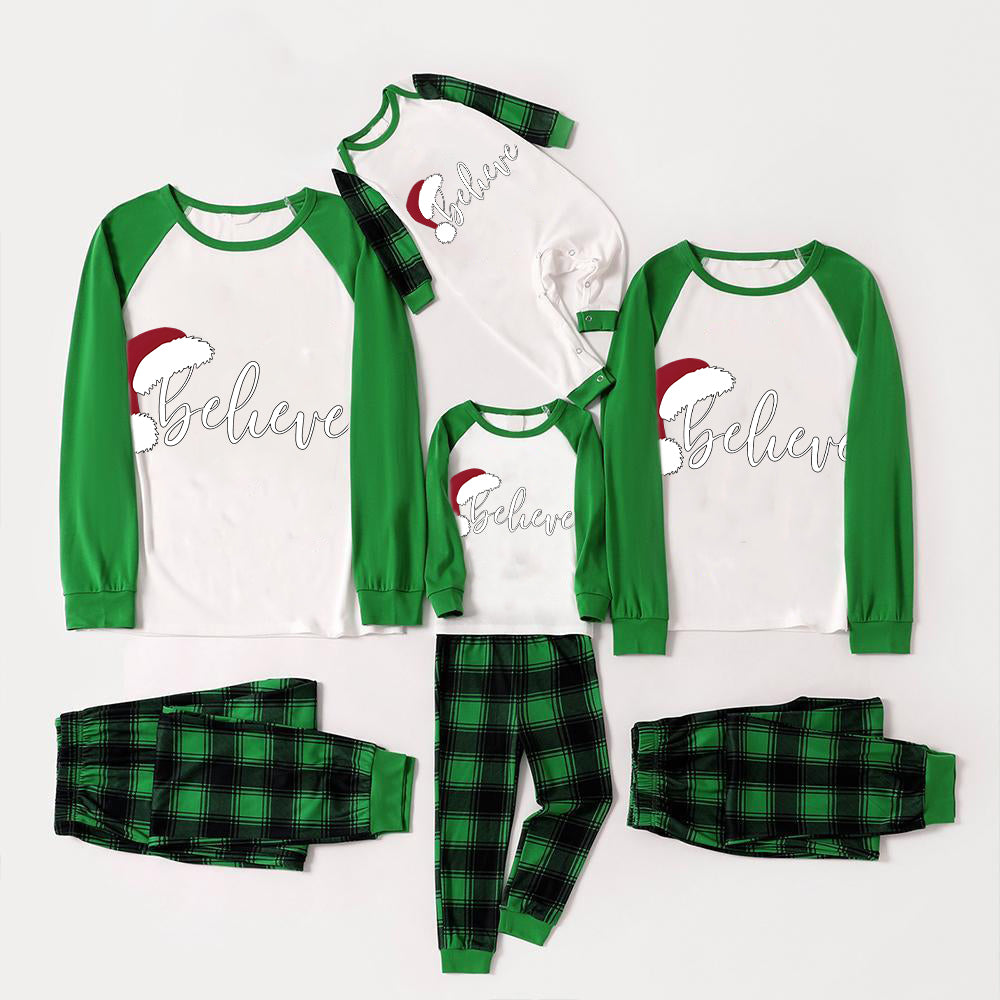 Christmas Hat and 'Believe“ Letter Print Patterned Green Sleeve Contrast Tops and Black and Green Plaid Pants Family Matching Raglan Long-sleeve Pajamas Sets With Dog Bandana