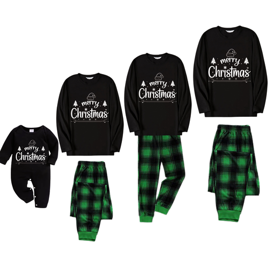 "Merry Christmas" White Letter 2025 Black Long Sleeve Top with Black And Green Plaid Pants Family Matching Pajamas