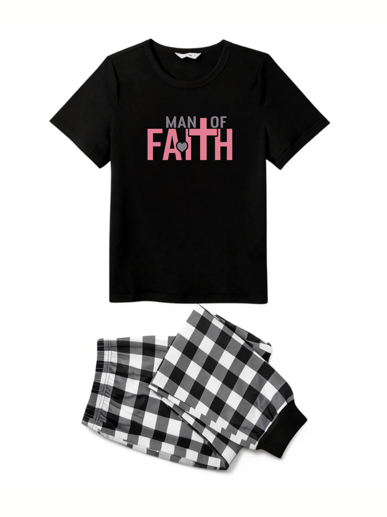 Black and White Plaid Short Sleeve Pajamas Set with Man Of Faith Text Printed