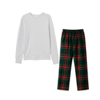 Holiday Pajamas Set for Whole Family – Gray Button-Neck Tee & Green Red Plaid Pants