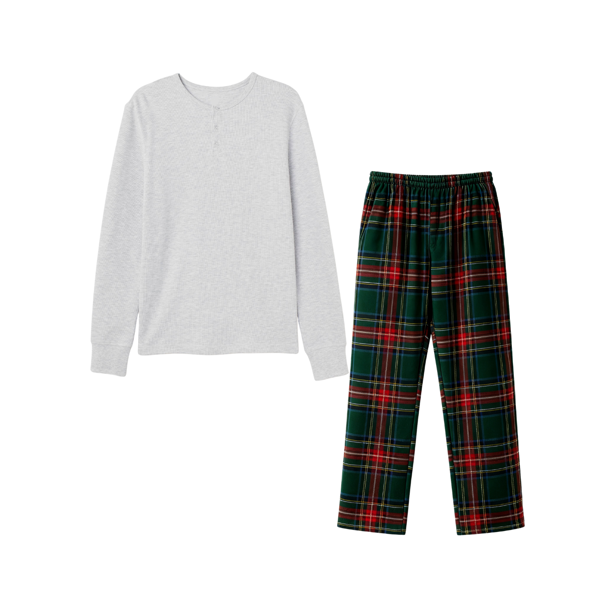Holiday Pajamas Set for Whole Family – Gray Button-Neck Tee & Green Red Plaid Pants