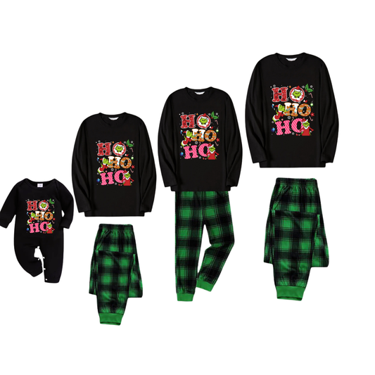 Black Top and Green Plaid Pants Christmas Pajamas Set With Grinch and "HO HO HO" Text Print