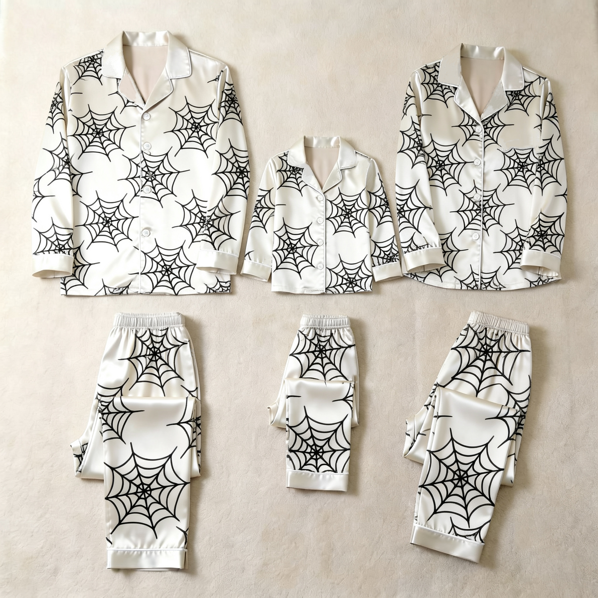 Orange Spider Web Print Satin Button-Up Family Halloween Pajamas Set