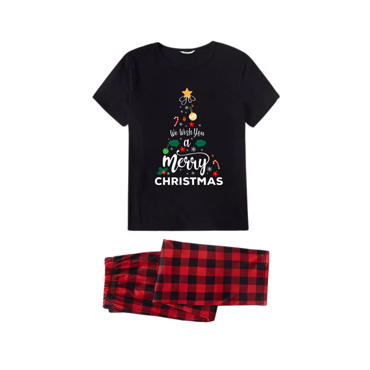 We Wish You A Merry Christmas Tree Family Pajamas Set - Black Top Red Pants Red Plaid Pattern Christmas Tree Letter Print