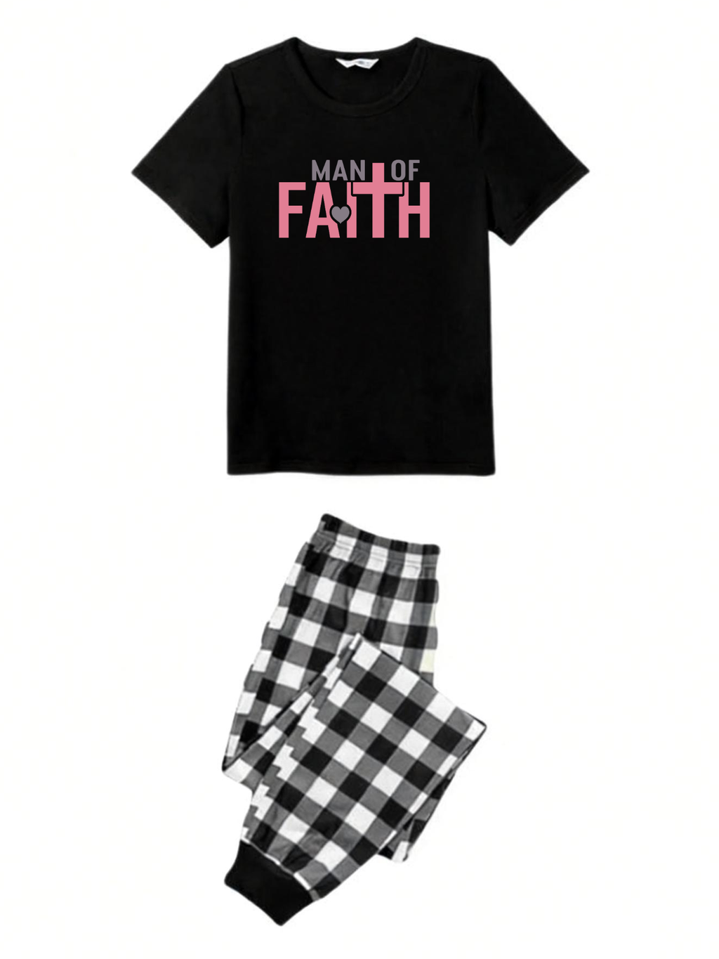 Black and White Plaid Short Sleeve Pajamas Set with Man Of Faith Text Printed