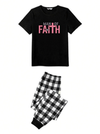 Black and White Plaid Short Sleeve Pajamas Set with Man Of Faith Text Printed