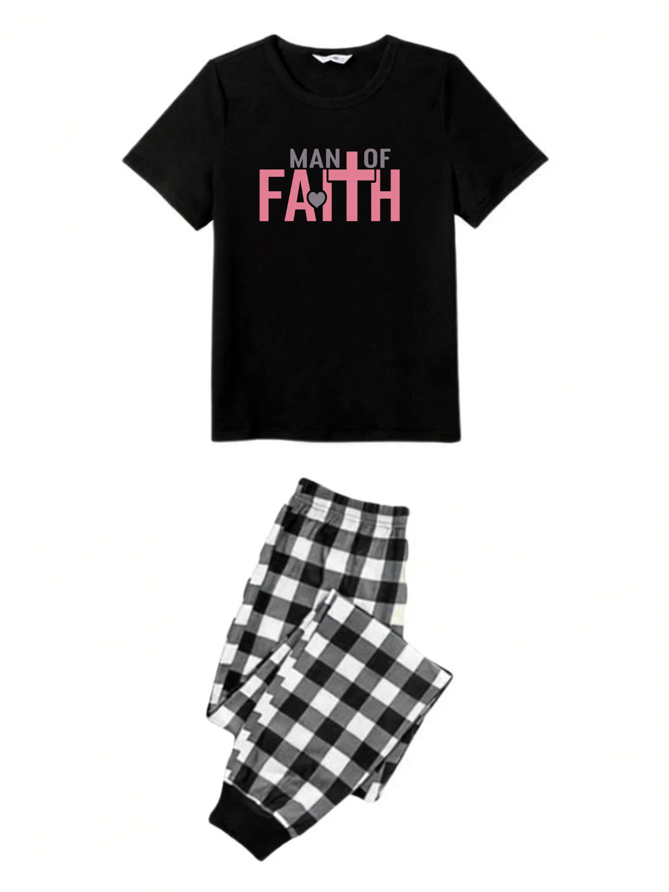 Black and White Plaid Short Sleeve Pajamas Set with Man Of Faith Text Printed