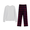Couple Holiday Pajamas Set  –  Button-Front Gray Tee with Red Blue Plaid Pants