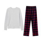 Couple Holiday Pajamas Set  –  Button-Front Gray Tee with Red Blue Plaid Pants