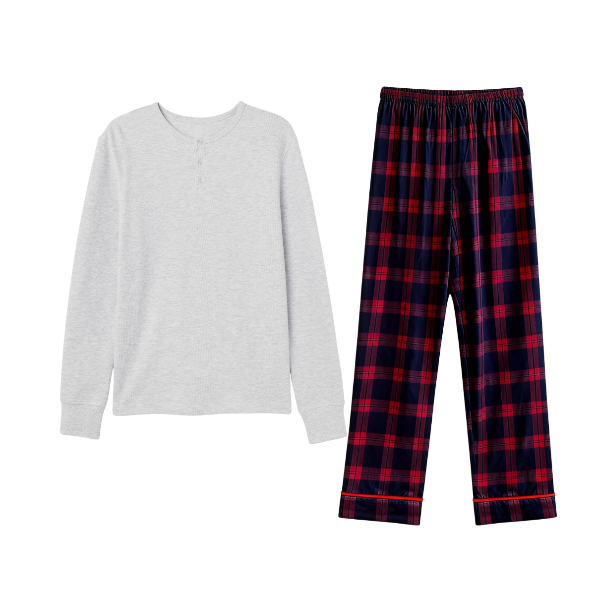 Couple Holiday Pajamas Set  –  Button-Front Gray Tee with Red Blue Plaid Pants